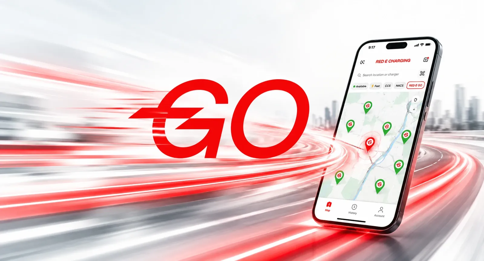 Red E Go logo next to the Red E app map showing Red E Go stations
